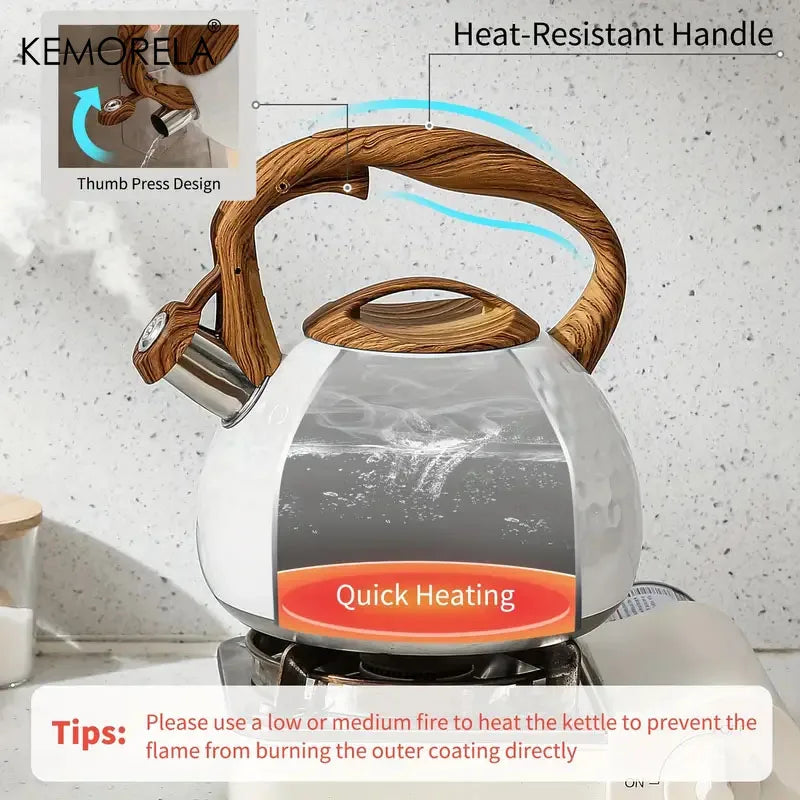 KEMORELA 3L Stainless Steel Heat-Resistant Hammer Pattern Whistle Sound Kettle Wooden handle Boiling Kitchenware Gas Induction