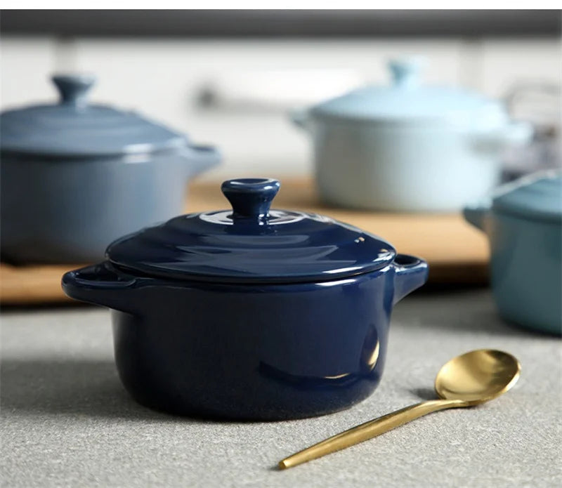 Ceramic Double Ear Bowl Mini Ceramic Glazed Baking Bowl with Lid Breskfast Steamed Egg Pudding Bowl Soup Bowls Microwave Oven