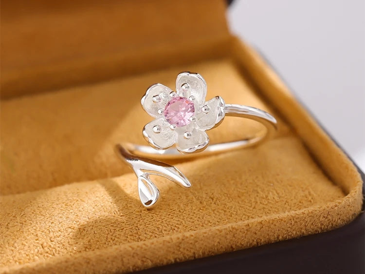 New Fashion Temperament 925 Sterling Silver Jewelry Personality Pink Crystal Flowers Female Opening Rings   R380