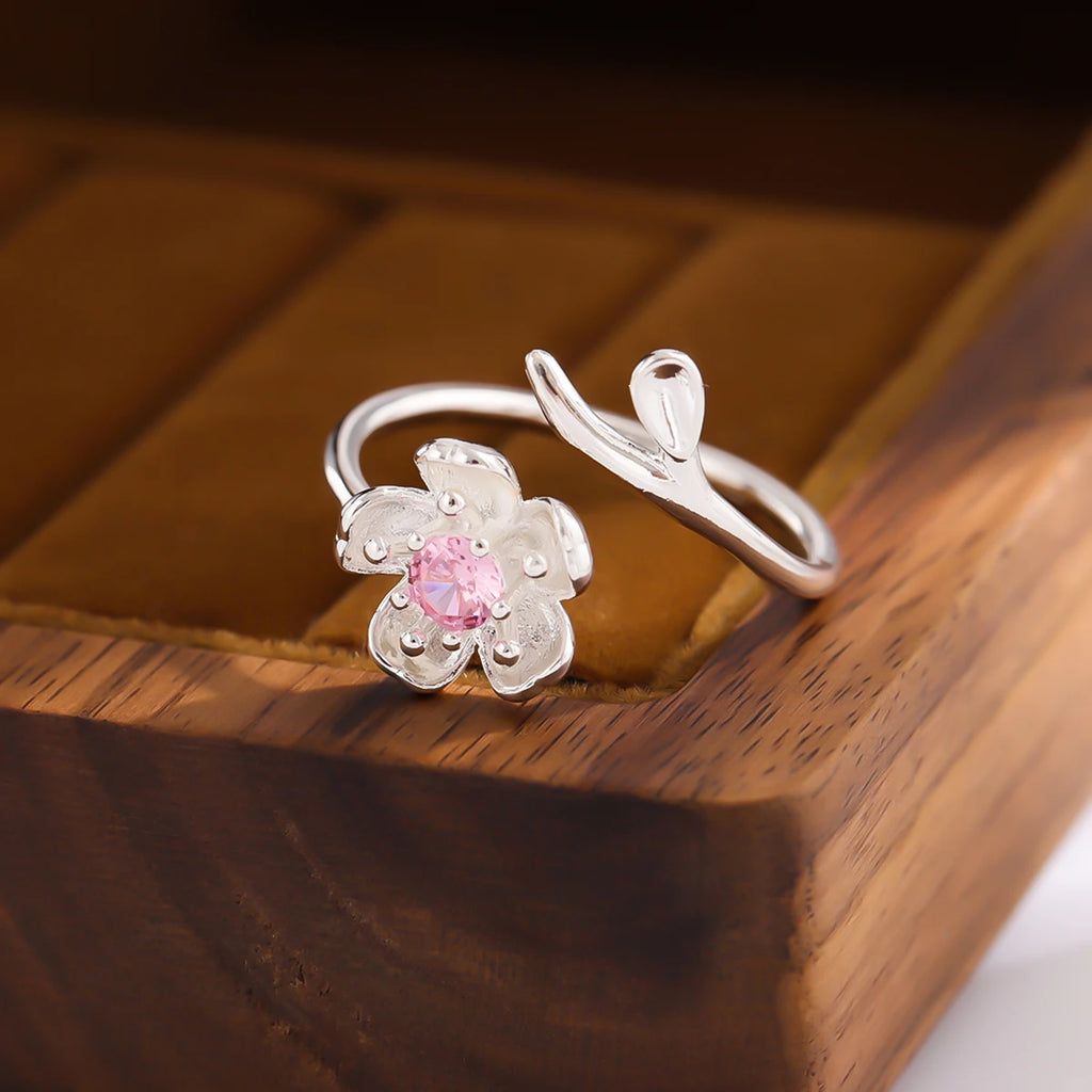 New Fashion Temperament 925 Sterling Silver Jewelry Personality Pink Crystal Flowers Female Opening Rings   R380