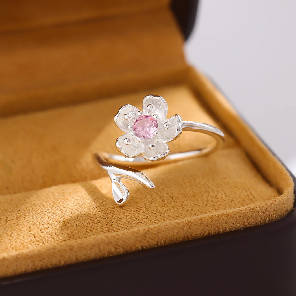 New Fashion Temperament 925 Sterling Silver Jewelry Personality Pink Crystal Flowers Female Opening Rings   R380