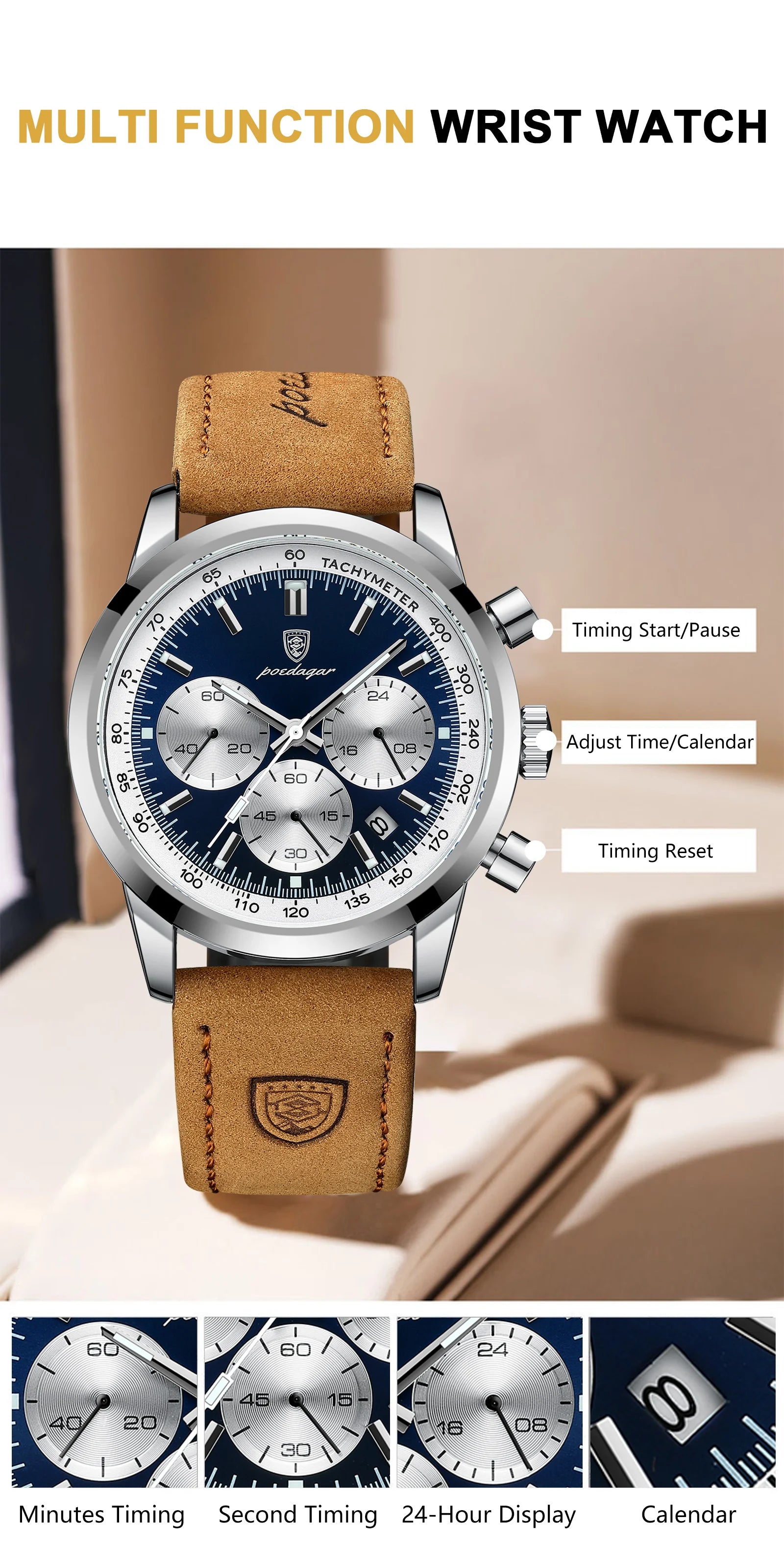 POEDAGAR Advanced waterproof calendar night light timer men's watch business luxury fashion men's leather watch