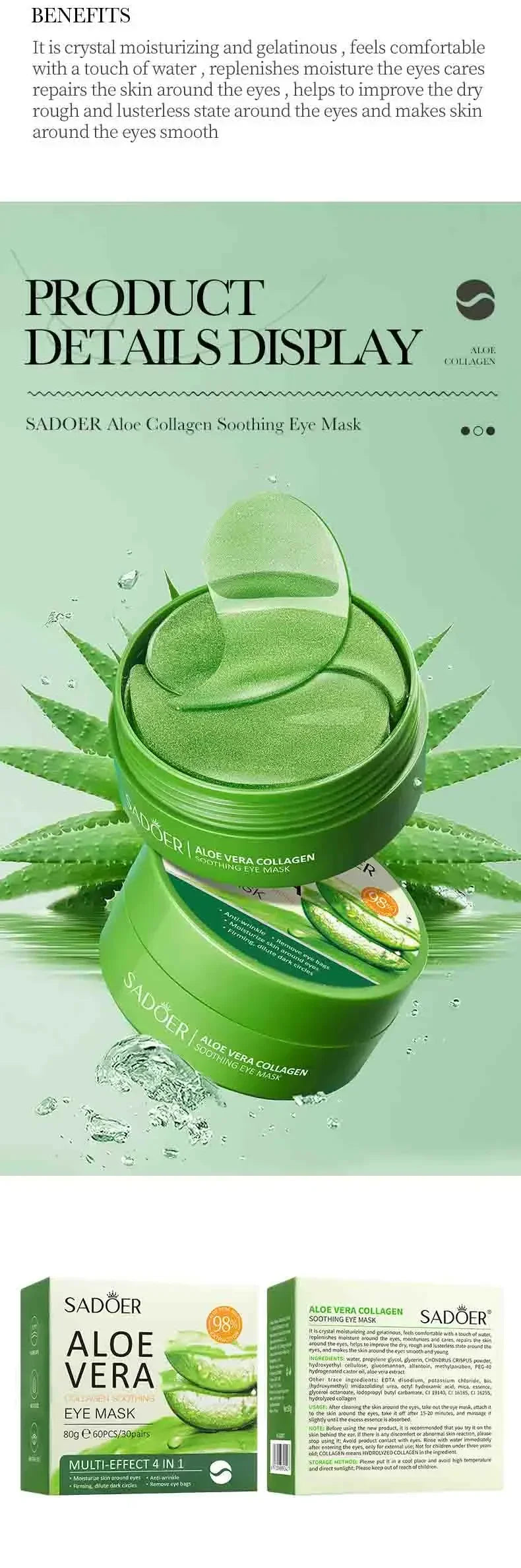 60pcs Aloe Vera Collagen Eye Mask Anti Dark Circles Eyes Bags Moisturizing Firming Hyaluronic Acid Gel Eye Patches Eyes Skincare