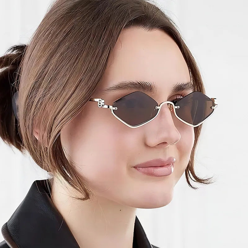 Fashion Small Polygonal Sunglasses Women Brand Metal Half Frame Glasses Ladies Hipster Sexy Cat Eye Shades Vintage