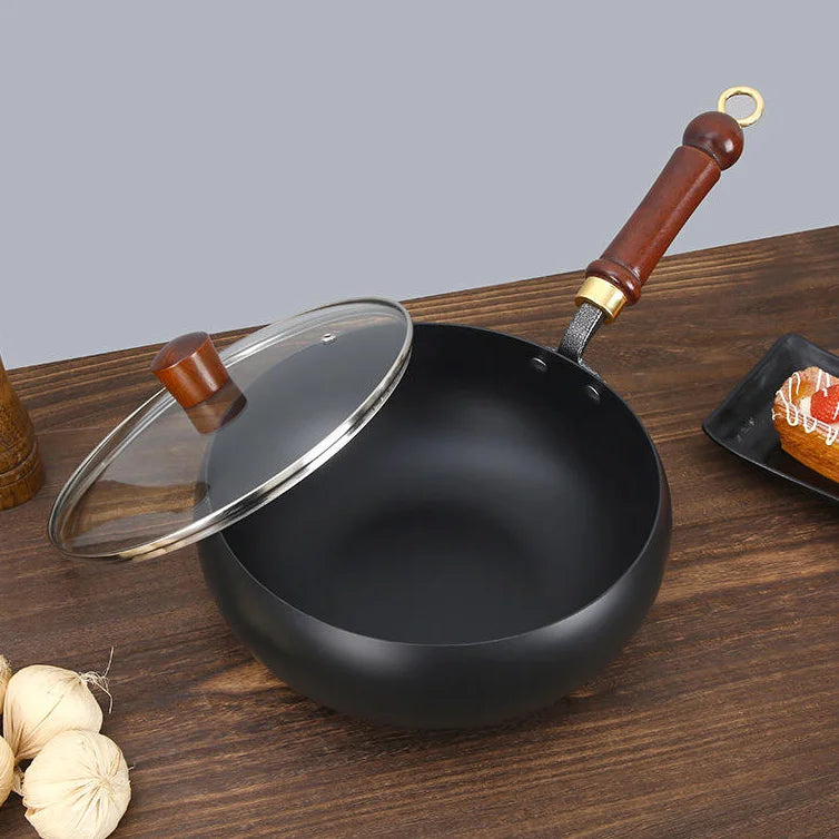28cm Carbon Steel Wok with Round Bottom – Pre-Seasoned Pow Wok for Stir Fry – Traditional Chinese Japanese Black Steel Pan