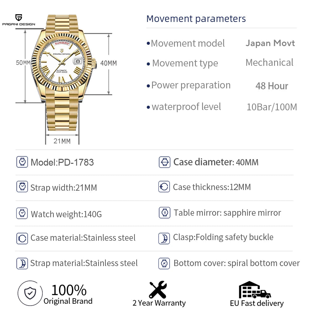 PAGANI DESIGN Men's Watches DD40 Gold White Luxury Automatic Watch Men TMI NH36A Date Week Mechanical Watches For Men 2026 New