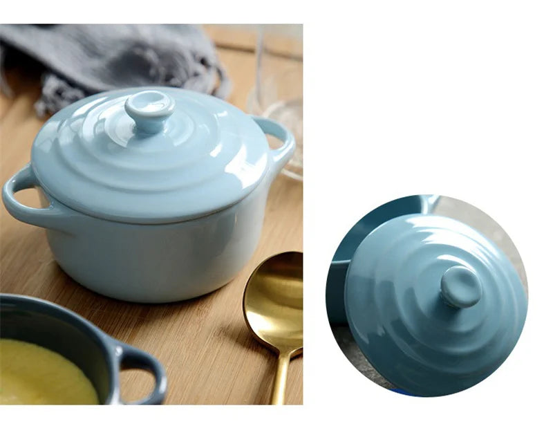 Ceramic Double Ear Bowl Mini Ceramic Glazed Baking Bowl with Lid Breskfast Steamed Egg Pudding Bowl Soup Bowls Microwave Oven