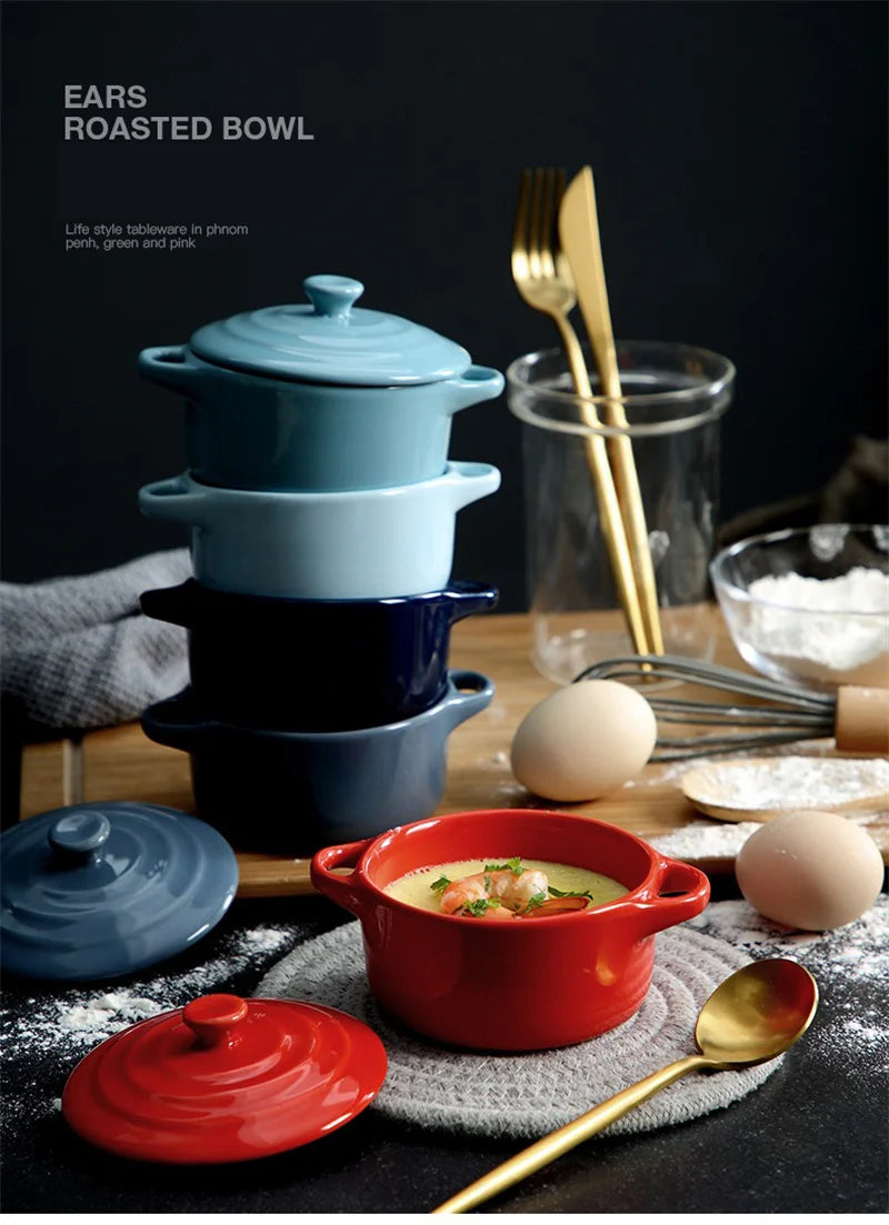Ceramic Double Ear Bowl Mini Ceramic Glazed Baking Bowl with Lid Breskfast Steamed Egg Pudding Bowl Soup Bowls Microwave Oven