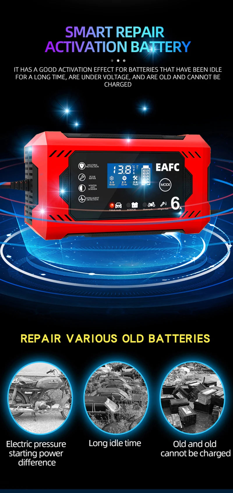 12-24V 6/8A Full Automatic Battery charger Digital LCD Display Car Battery Chargers Power Puls Repair Chargers Wet Dry Lead Acid
