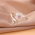 New Fashion Temperament 925 Sterling Silver Jewelry Personality Pink Crystal Flowers Female Opening Rings   R380