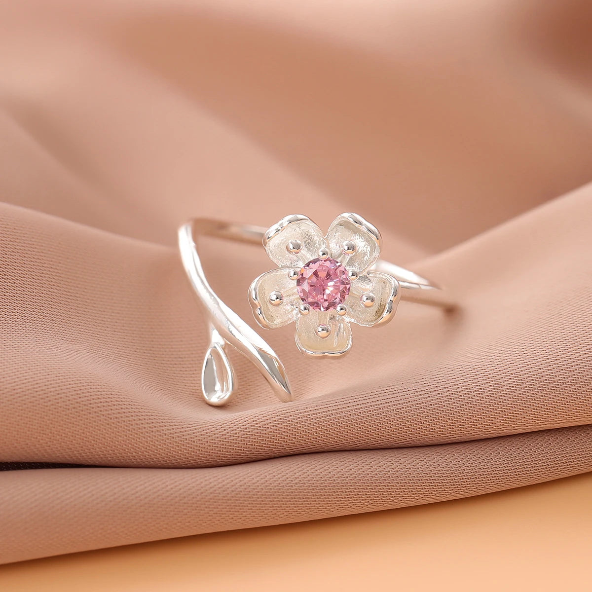 New Fashion Temperament 925 Sterling Silver Jewelry Personality Pink Crystal Flowers Female Opening Rings   R380