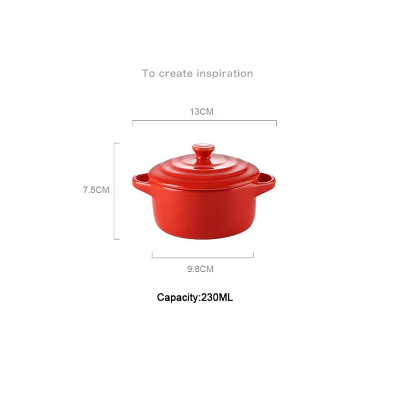Ceramic Double Ear Bowl Mini Ceramic Glazed Baking Bowl with Lid Breskfast Steamed Egg Pudding Bowl Soup Bowls Microwave Oven