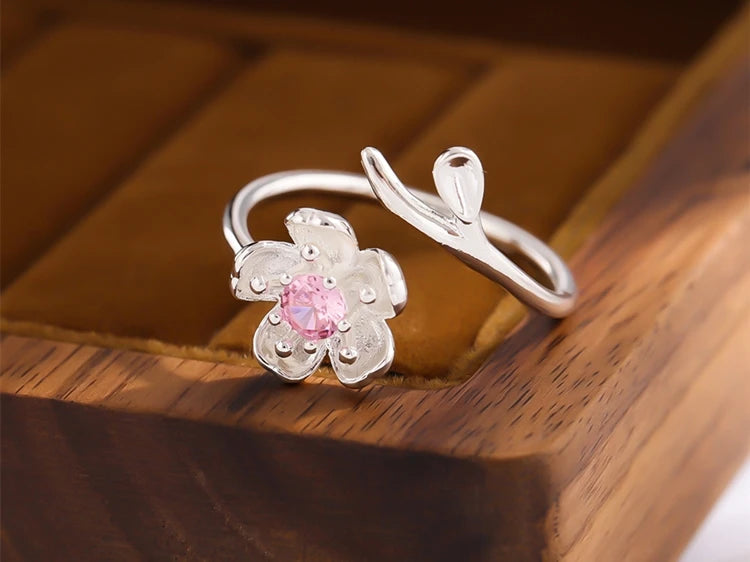 New Fashion Temperament 925 Sterling Silver Jewelry Personality Pink Crystal Flowers Female Opening Rings   R380