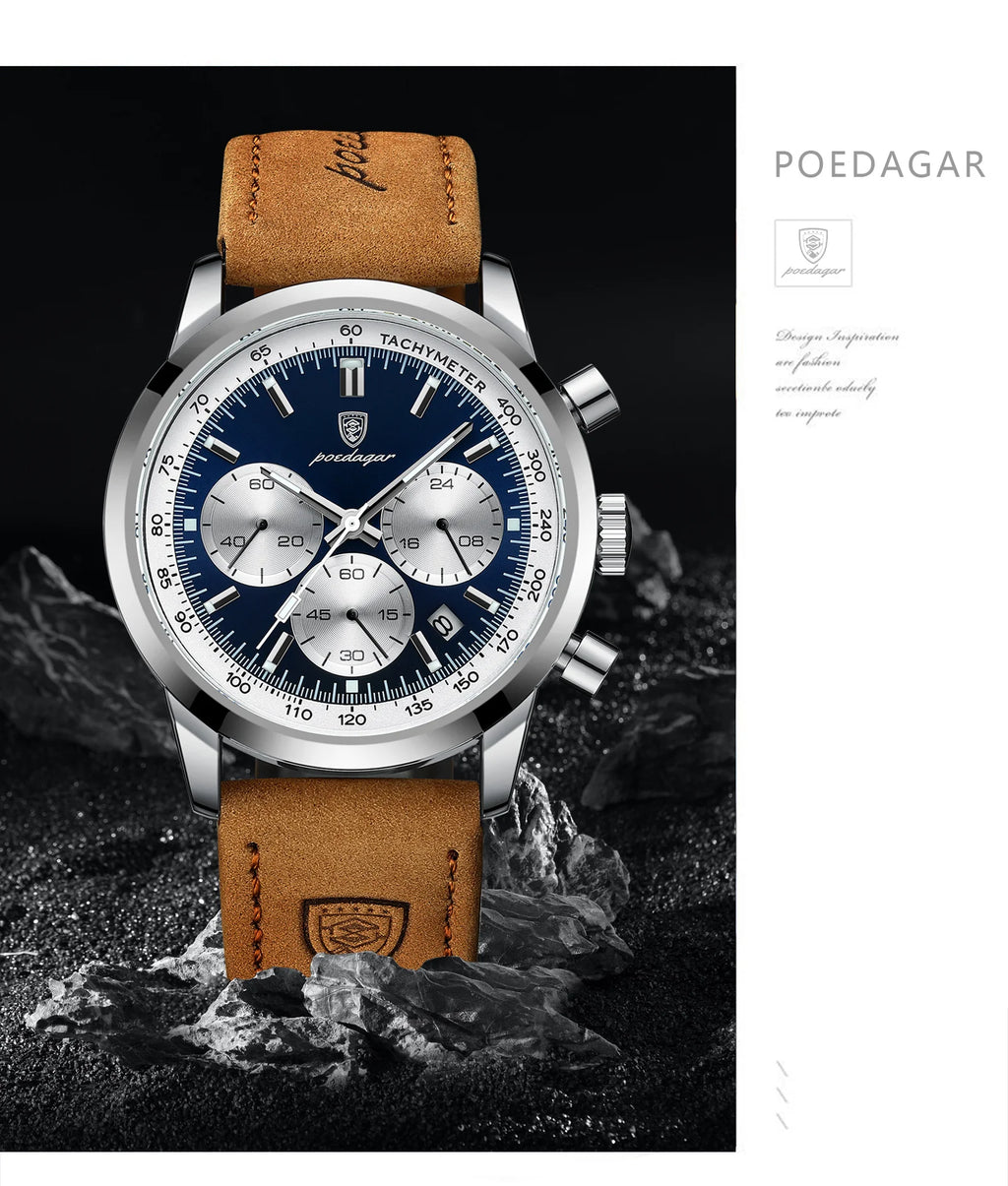 POEDAGAR Advanced waterproof calendar night light timer men's watch business luxury fashion men's leather watch