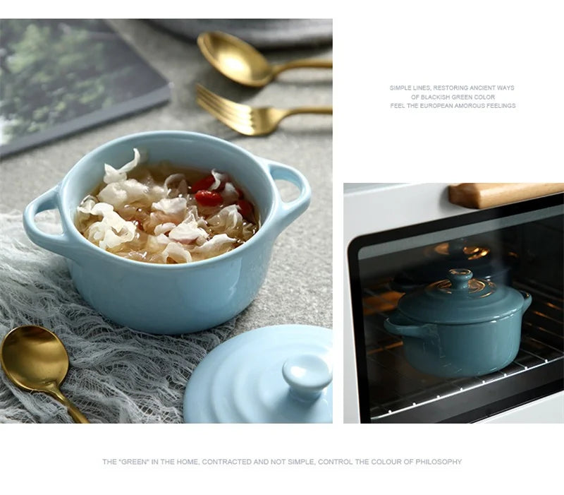Ceramic Double Ear Bowl Mini Ceramic Glazed Baking Bowl with Lid Breskfast Steamed Egg Pudding Bowl Soup Bowls Microwave Oven