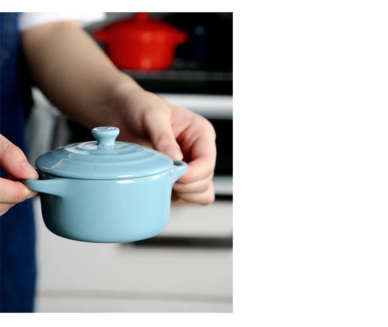 Ceramic Double Ear Bowl Mini Ceramic Glazed Baking Bowl with Lid Breskfast Steamed Egg Pudding Bowl Soup Bowls Microwave Oven