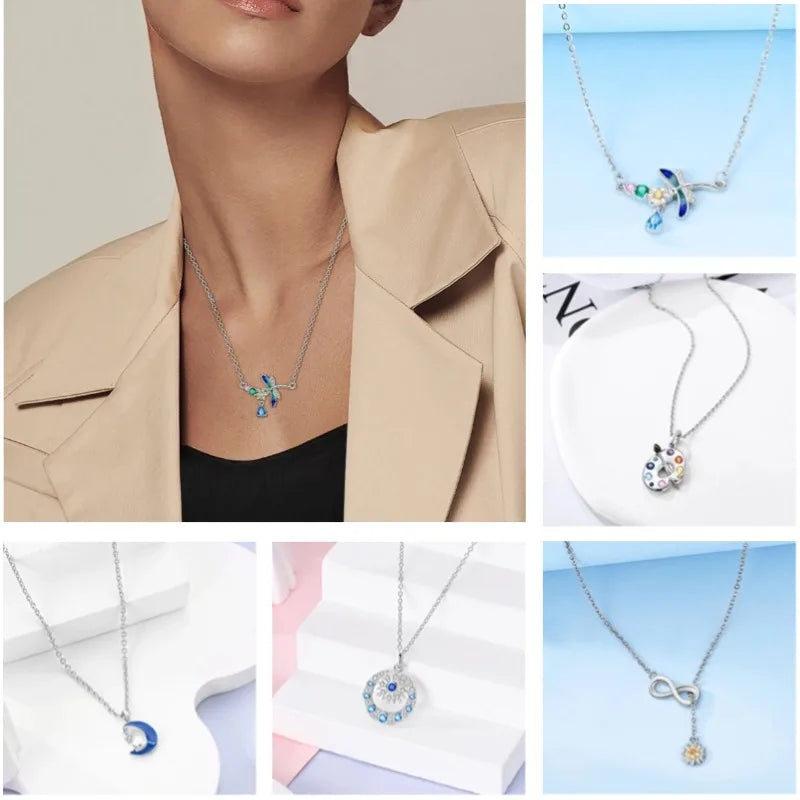 Luxury Necklace 925 Silver Original Sterling Zircon Dragonfly Butterfly Firefly Star Moon Chain Link For Women Wedding Jewelry