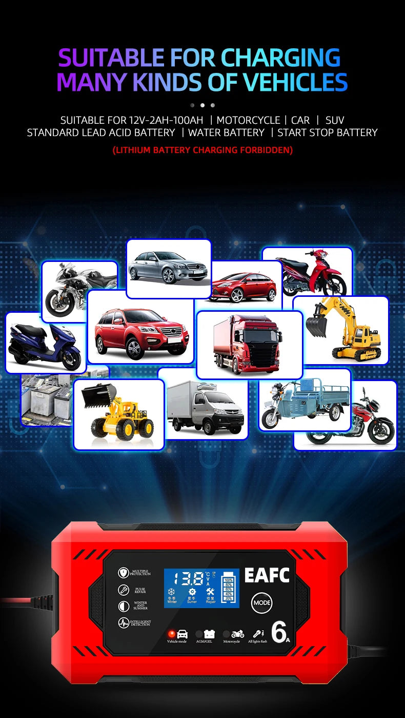 12-24V 6/8A Full Automatic Battery charger Digital LCD Display Car Battery Chargers Power Puls Repair Chargers Wet Dry Lead Acid