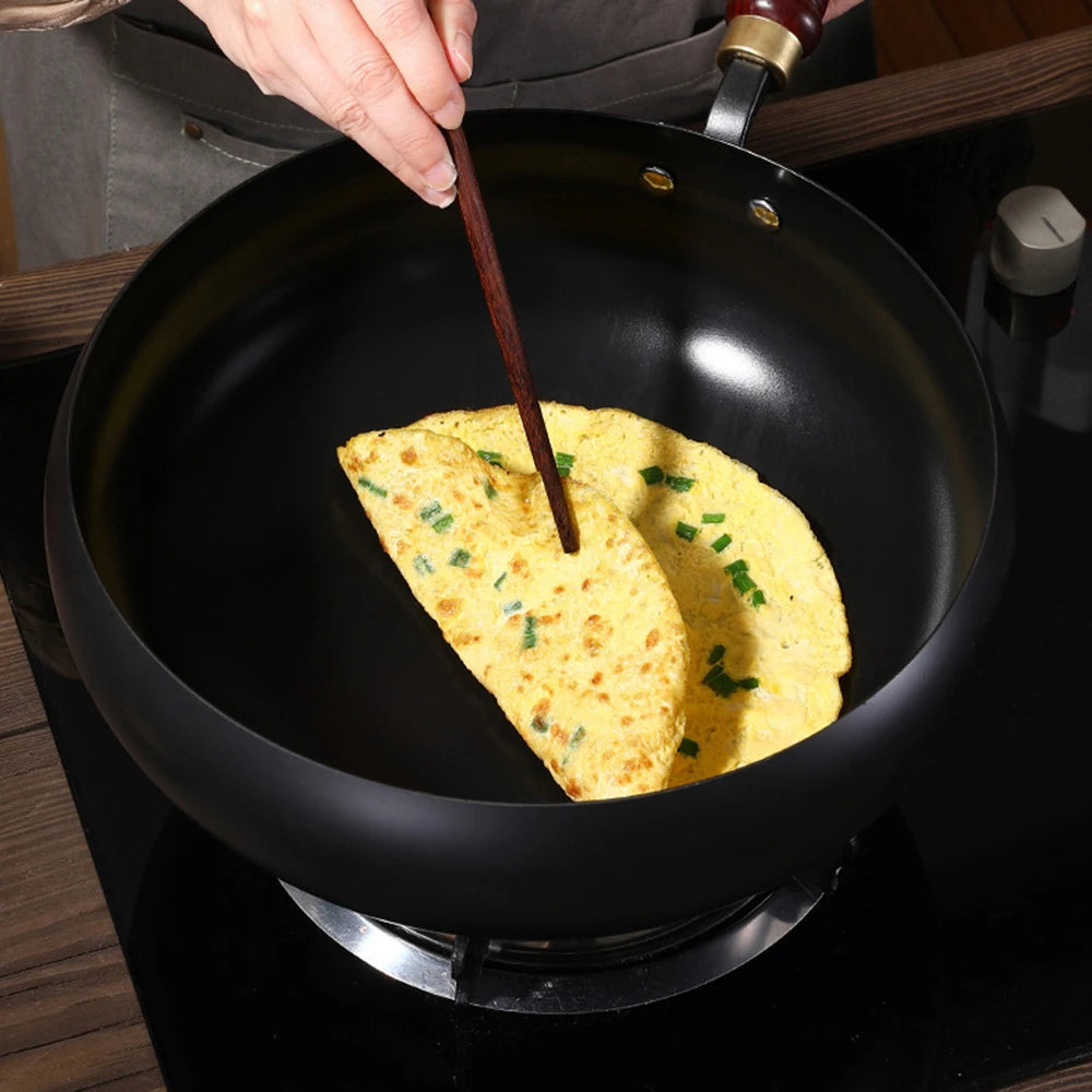 28cm Carbon Steel Wok with Round Bottom – Pre-Seasoned Pow Wok for Stir Fry – Traditional Chinese Japanese Black Steel Pan