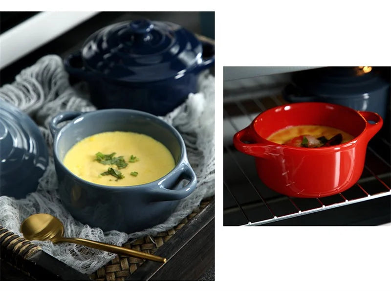 Ceramic Double Ear Bowl Mini Ceramic Glazed Baking Bowl with Lid Breskfast Steamed Egg Pudding Bowl Soup Bowls Microwave Oven