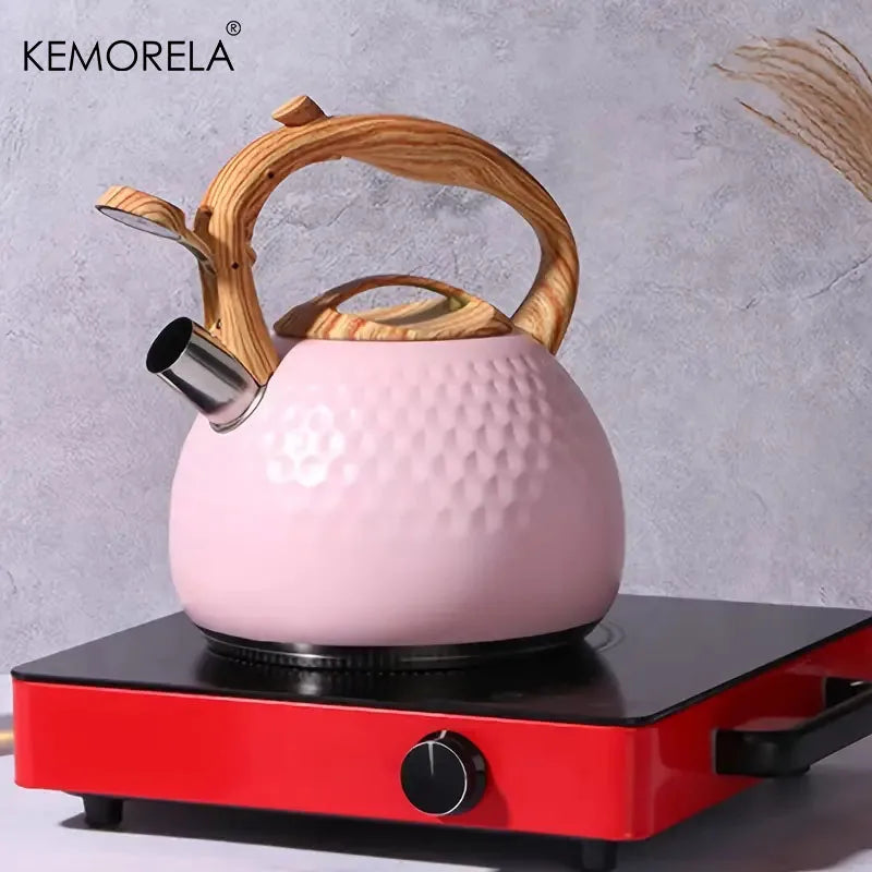 KEMORELA 3L Stainless Steel Heat-Resistant Hammer Pattern Whistle Sound Kettle Wooden handle Boiling Kitchenware Gas Induction