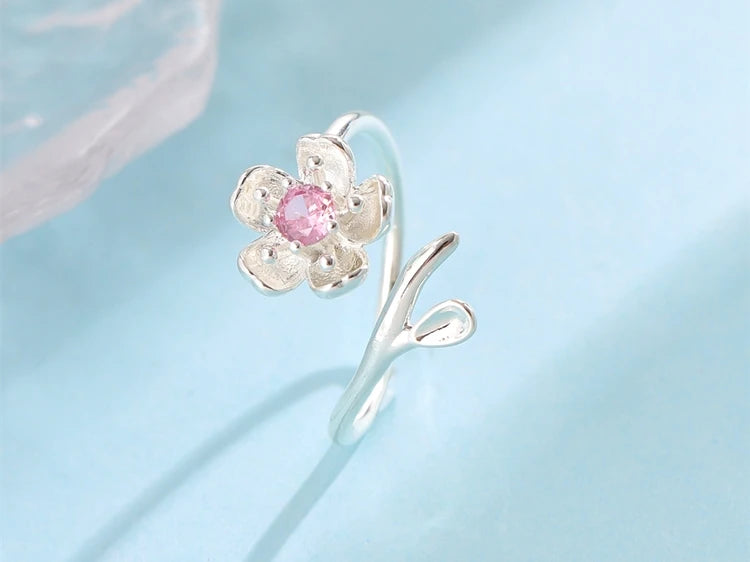 New Fashion Temperament 925 Sterling Silver Jewelry Personality Pink Crystal Flowers Female Opening Rings   R380