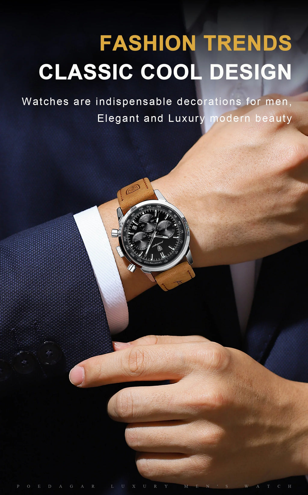 POEDAGAR Advanced waterproof calendar night light timer men's watch business luxury fashion men's leather watch