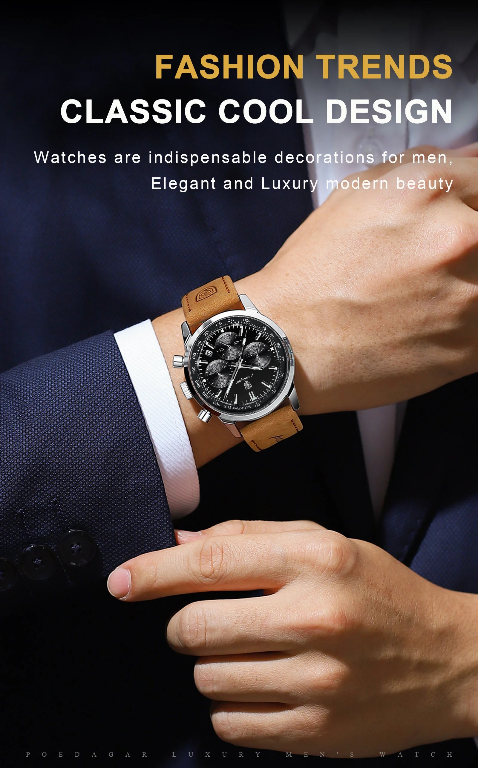 POEDAGAR Advanced waterproof calendar night light timer men's watch business luxury fashion men's leather watch