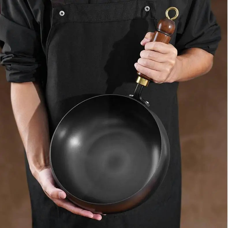 28cm Carbon Steel Wok with Round Bottom – Pre-Seasoned Pow Wok for Stir Fry – Traditional Chinese Japanese Black Steel Pan