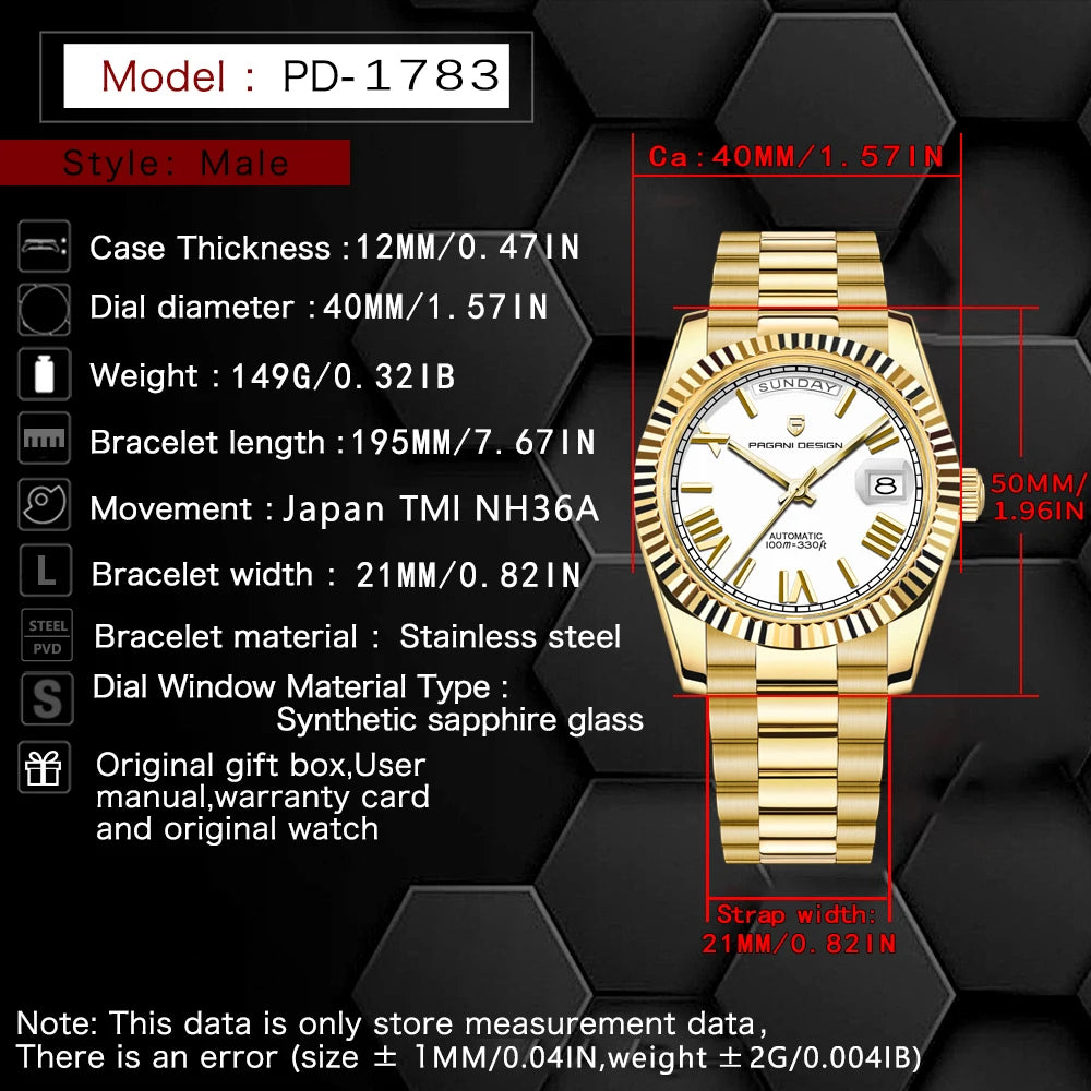 PAGANI DESIGN Men's Watches DD40 Gold White Luxury Automatic Watch Men TMI NH36A Date Week Mechanical Watches For Men 2026 New
