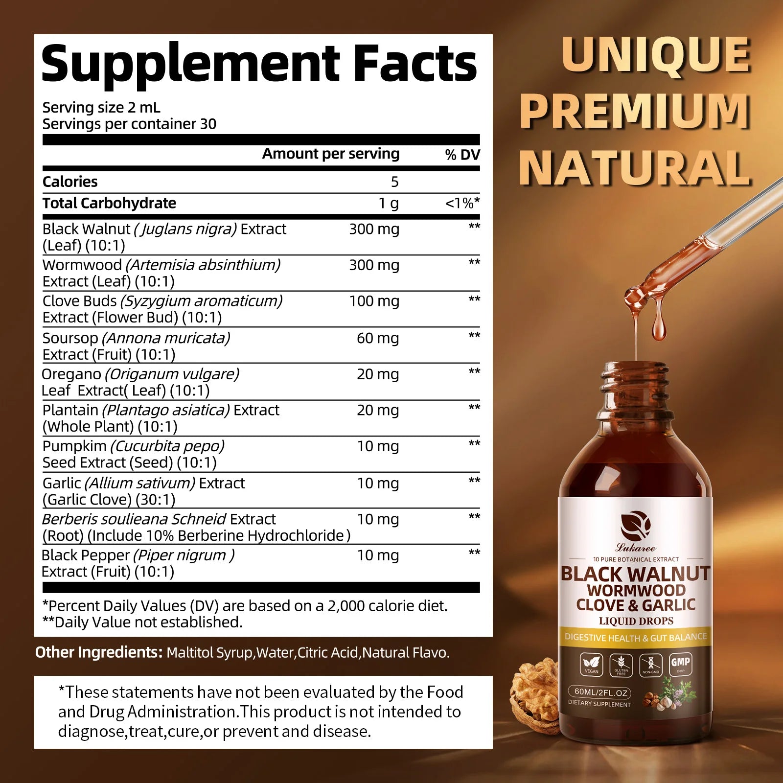 Lukaree 60ML Black Walnut Drop with Wormwood Clove & Garlic Support Digestion and Immune Health, Detoxify the Body Antioxidant