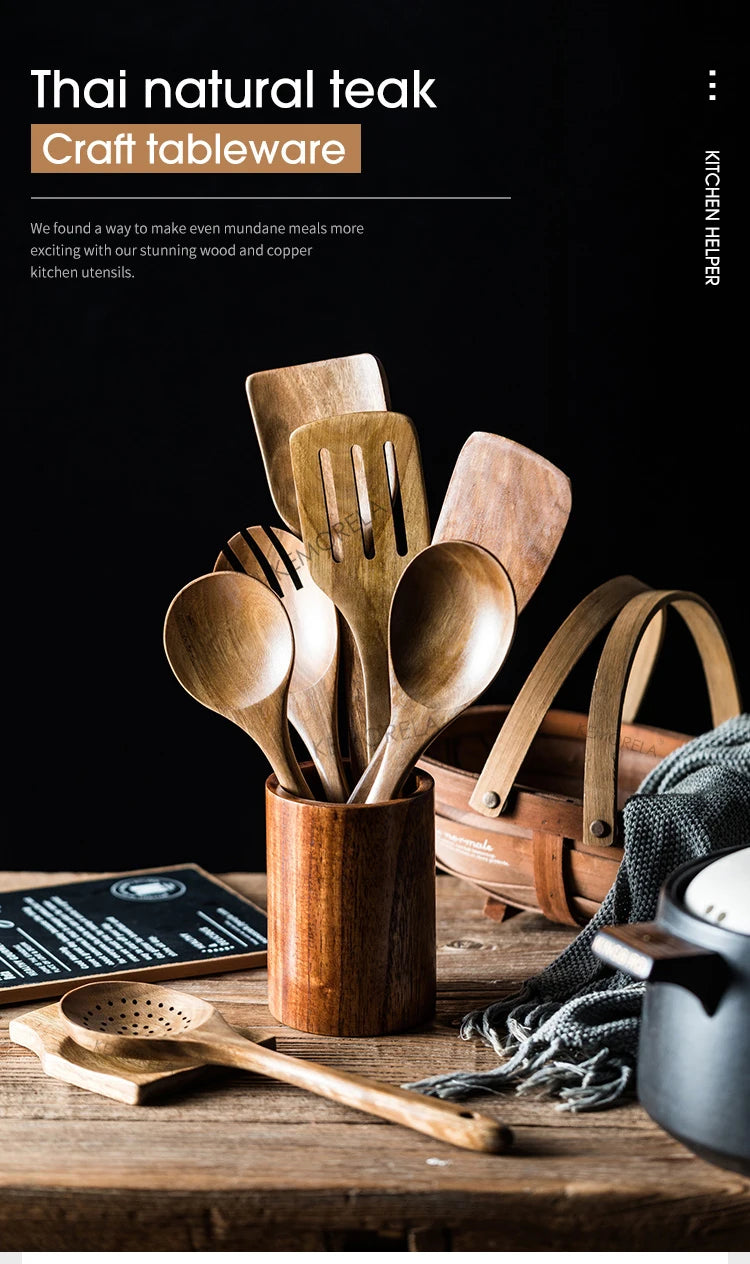 9PCS Wooden Spoons For Cooking, Wooden Utensils For Cooking With Utensils Holder, Teak Wooden Kitchen Utensils Set