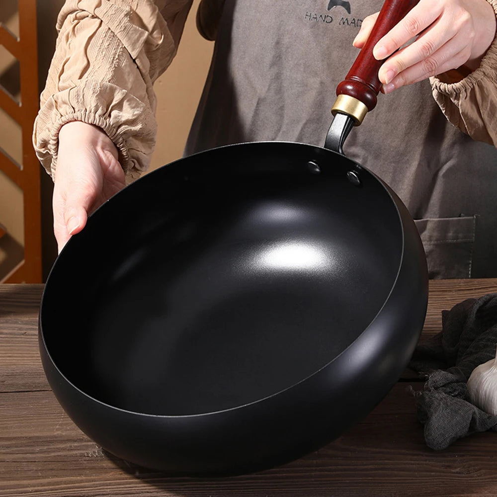 28cm Carbon Steel Wok with Round Bottom – Pre-Seasoned Pow Wok for Stir Fry – Traditional Chinese Japanese Black Steel Pan
