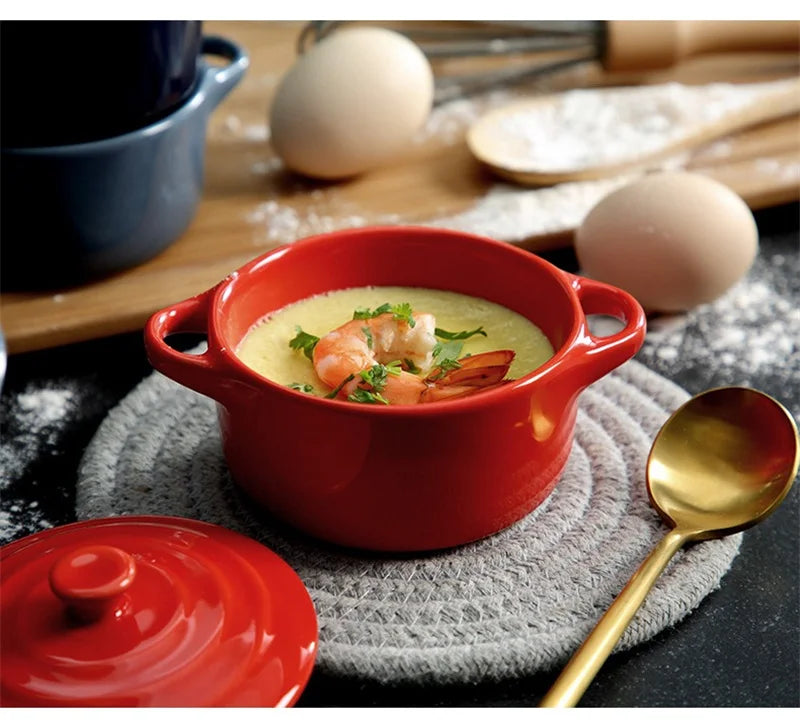 Ceramic Double Ear Bowl Mini Ceramic Glazed Baking Bowl with Lid Breskfast Steamed Egg Pudding Bowl Soup Bowls Microwave Oven