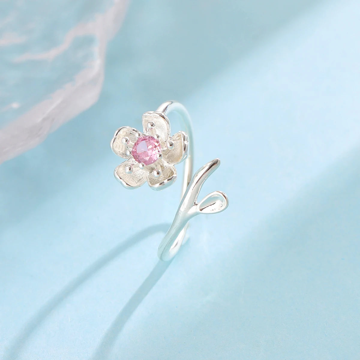 New Fashion Temperament 925 Sterling Silver Jewelry Personality Pink Crystal Flowers Female Opening Rings   R380