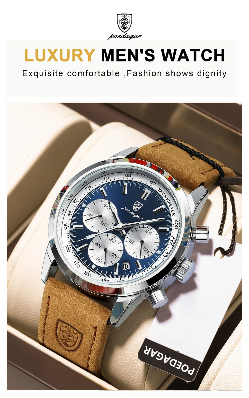 POEDAGAR Advanced waterproof calendar night light timer men's watch business luxury fashion men's leather watch