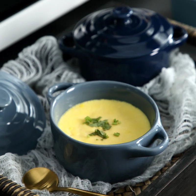 Ceramic Double Ear Bowl Mini Ceramic Glazed Baking Bowl with Lid Breskfast Steamed Egg Pudding Bowl Soup Bowls Microwave Oven