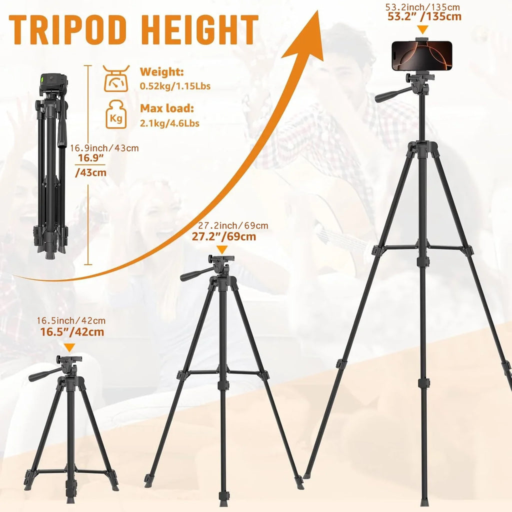 53 Inch Universal Tripod Stand with Bluetooth Remote Adjustable Height for Smartphone Camera Video Photography YouTube