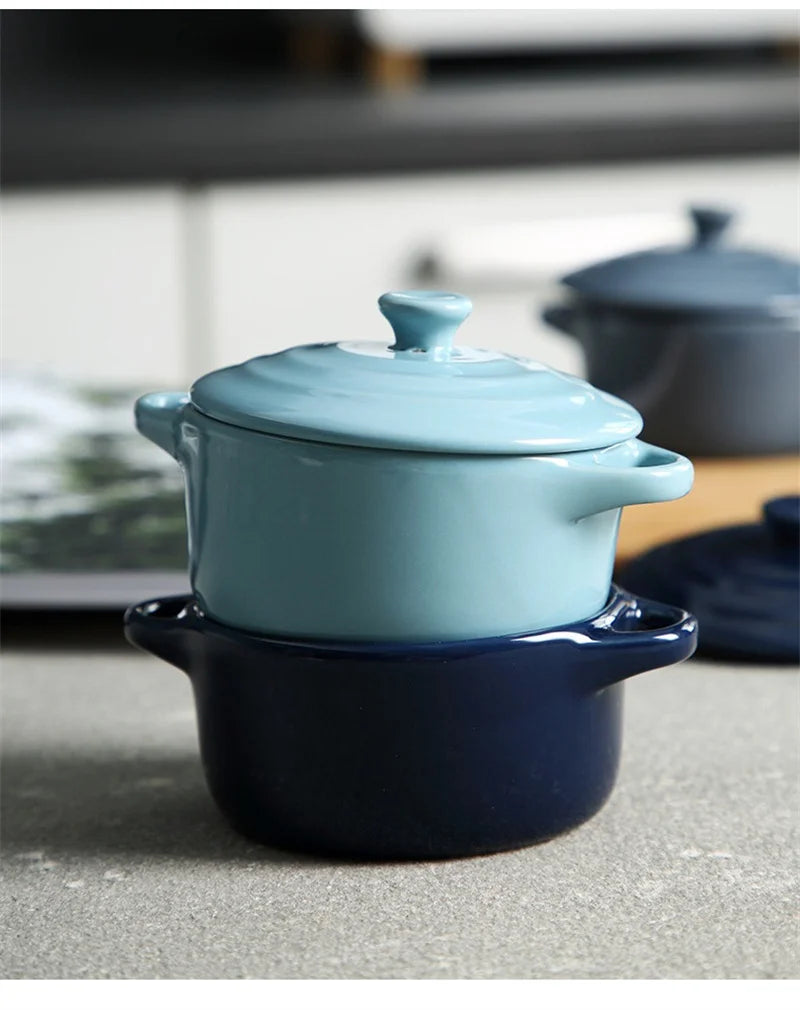 Ceramic Double Ear Bowl Mini Ceramic Glazed Baking Bowl with Lid Breskfast Steamed Egg Pudding Bowl Soup Bowls Microwave Oven