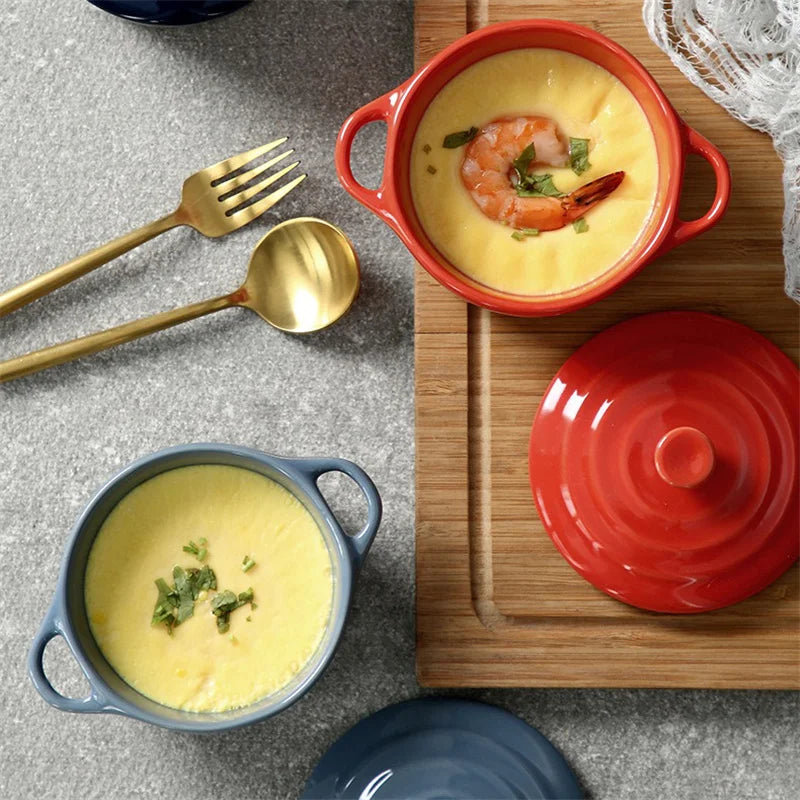Ceramic Double Ear Bowl Mini Ceramic Glazed Baking Bowl with Lid Breskfast Steamed Egg Pudding Bowl Soup Bowls Microwave Oven