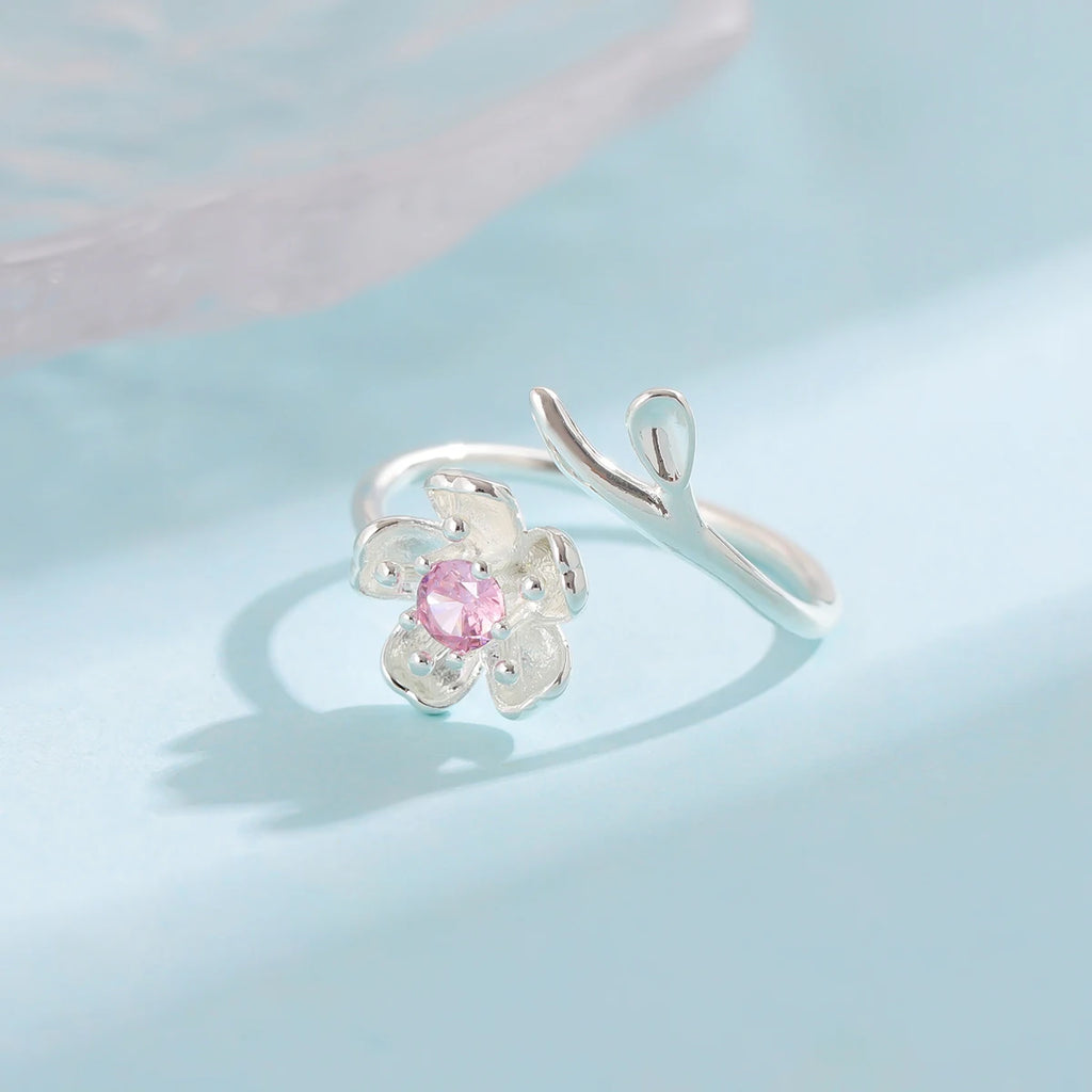 New Fashion Temperament 925 Sterling Silver Jewelry Personality Pink Crystal Flowers Female Opening Rings   R380