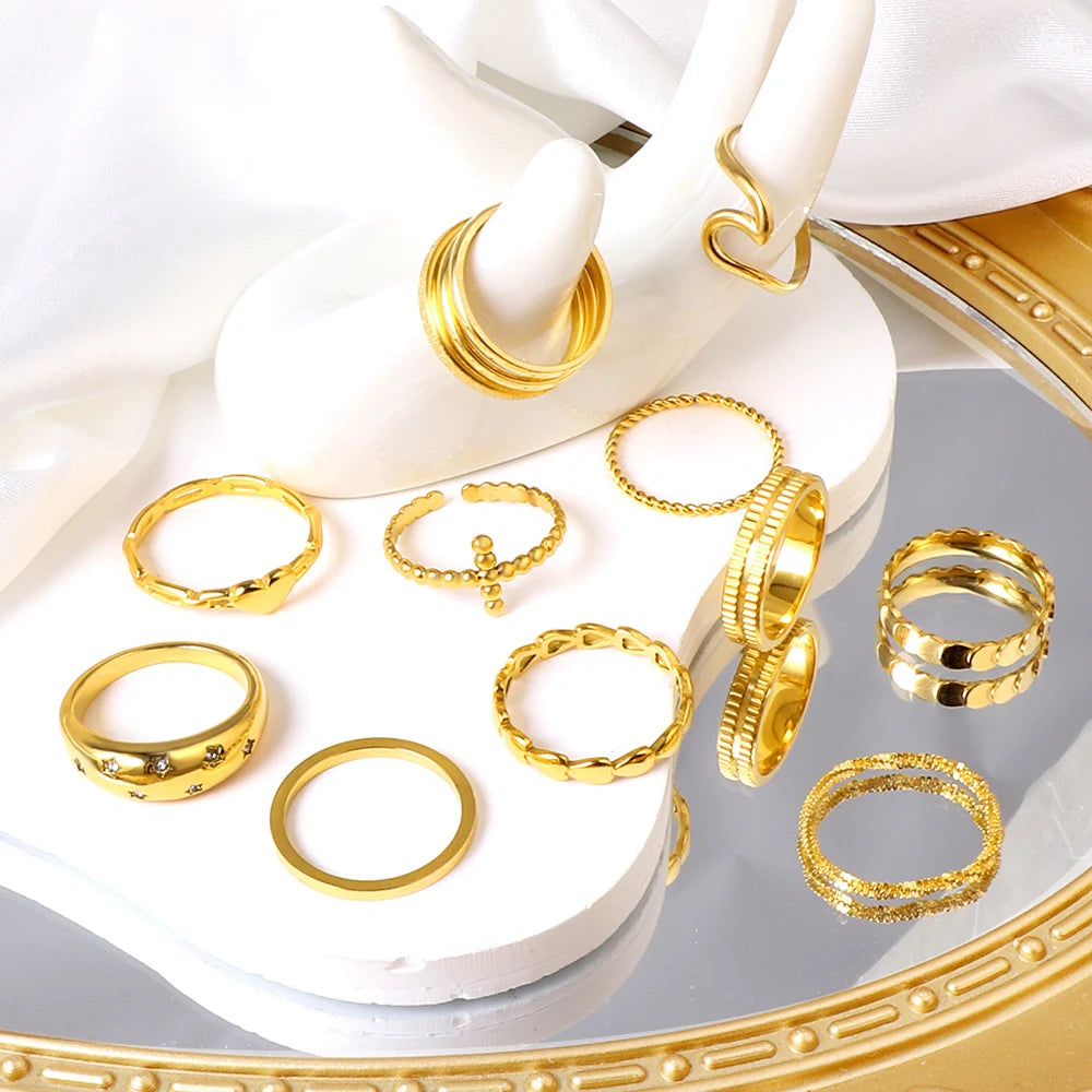 LUXUSTEEL Stainless Steel Women Rings Simple Twist Rope Coin Heart Round Texture Waterproof Finger Bands Ring Wedding  Jewelry
