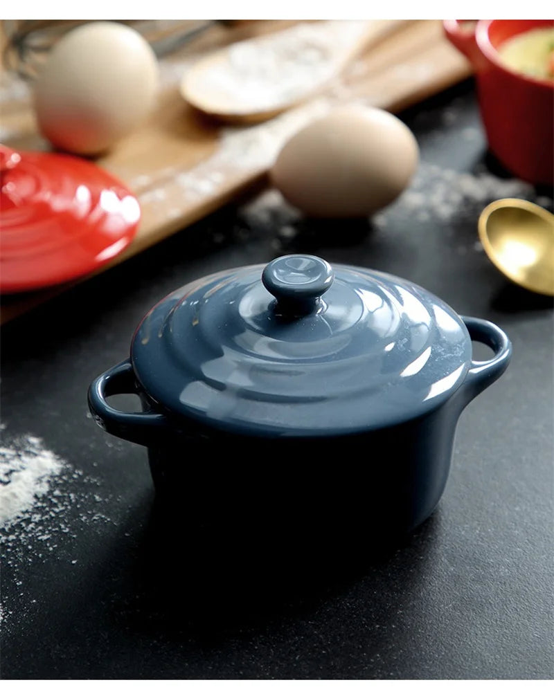 Ceramic Double Ear Bowl Mini Ceramic Glazed Baking Bowl with Lid Breskfast Steamed Egg Pudding Bowl Soup Bowls Microwave Oven