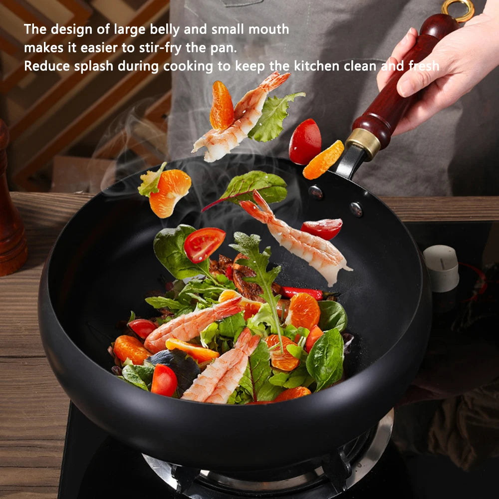 28cm Carbon Steel Wok with Round Bottom – Pre-Seasoned Pow Wok for Stir Fry – Traditional Chinese Japanese Black Steel Pan