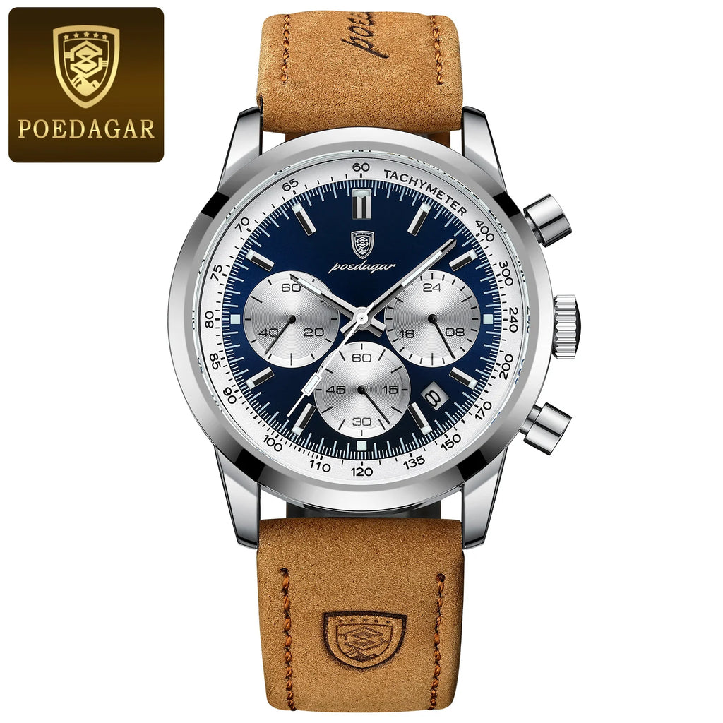 POEDAGAR Advanced waterproof calendar night light timer men's watch business luxury fashion men's leather watch