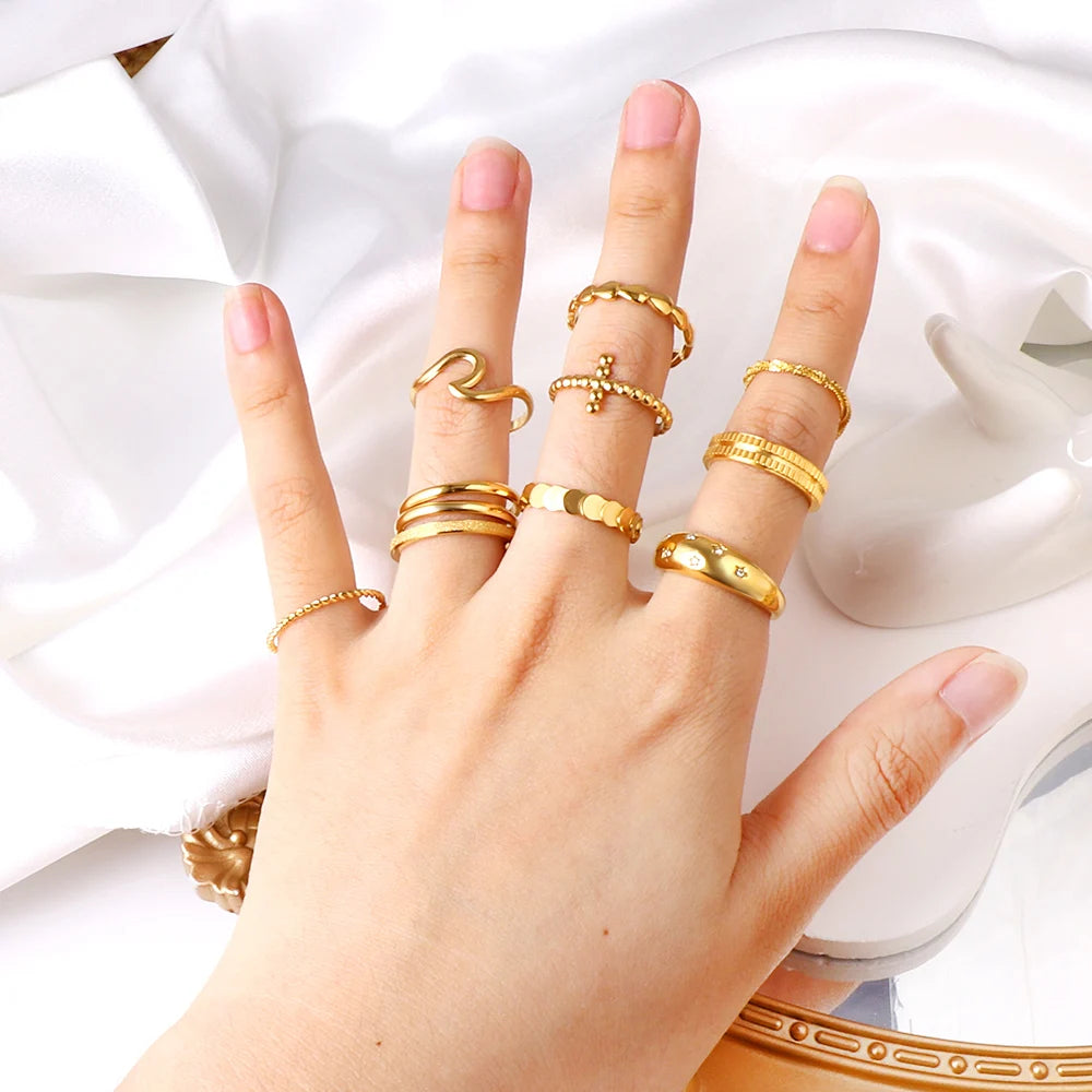 LUXUSTEEL Stainless Steel Women Rings Simple Twist Rope Coin Heart Round Texture Waterproof Finger Bands Ring Wedding  Jewelry