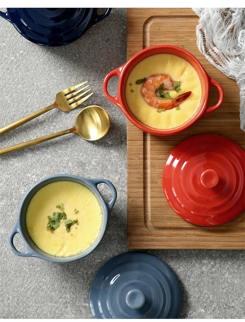 Ceramic Double Ear Bowl Mini Ceramic Glazed Baking Bowl with Lid Breskfast Steamed Egg Pudding Bowl Soup Bowls Microwave Oven