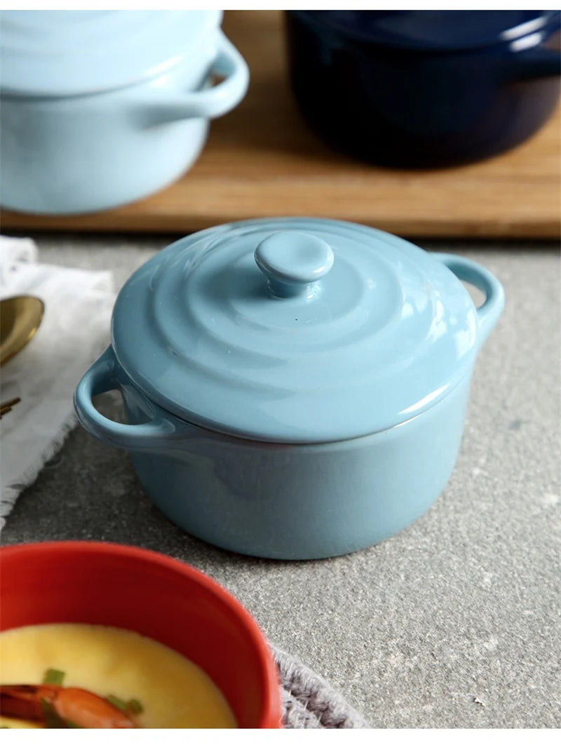 Ceramic Double Ear Bowl Mini Ceramic Glazed Baking Bowl with Lid Breskfast Steamed Egg Pudding Bowl Soup Bowls Microwave Oven