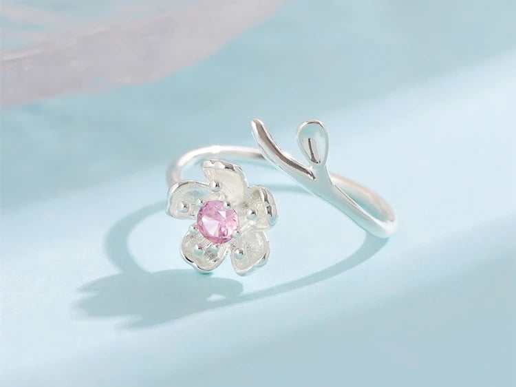 New Fashion Temperament 925 Sterling Silver Jewelry Personality Pink Crystal Flowers Female Opening Rings   R380