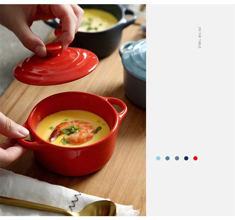 Ceramic Double Ear Bowl Mini Ceramic Glazed Baking Bowl with Lid Breskfast Steamed Egg Pudding Bowl Soup Bowls Microwave Oven